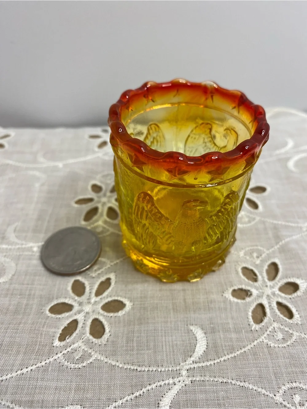 Vintage Kanawha Amberina Glass Toothpick Holder Eagle and Stars Patriotic Design